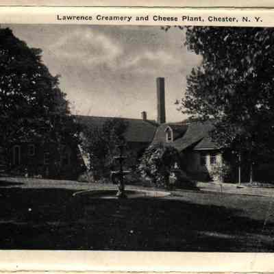 20828 Lawrence Creamery & Cheese Plant.: The image shows W.A. Lawrence & Son Creamery and Cheese Plant in Chester, N.Y., featuring a tall chimney rising behind the roof line and a cast iron fountain in the front yard.