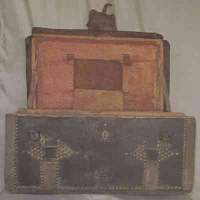 Thaddeus Seely Leather Covered Travel Trunk - Lid open, trap door open.