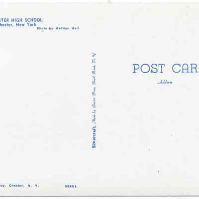 Address side of the "Chester High School, Chester, New York" postcard.: This image shows the back of a postcard from Chester High School in Chester, New York, photographed