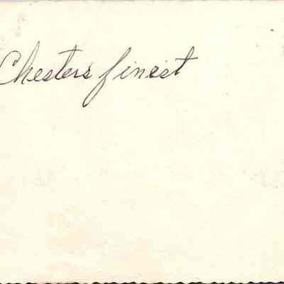 Fire Dept. - Hambletonian Parade - 1949: This is the back of the Fire Dept. picture, it displays the handwritten script "Chester's finest",  inscribed in black ink near the center.