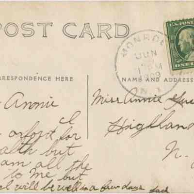 Address side of the "Near Oxford Depot, N.Y." postcard.: The image displays a vintage postcard with handwritten text addressing "Dear Annie" and a message mentioning the sender's health condition in Oxford, NY. The card is dated with a postmark showing "MONROE JUN 29 5 PM 1909 NY." A green one-cent stamp with a profile of Benjamin Franklin is affixed to the upper right corner. The postcard features the classic divisions for correspondence and the recipient's address, with the note directed to "Miss Annie Gritchen, Highland Mills, NY.