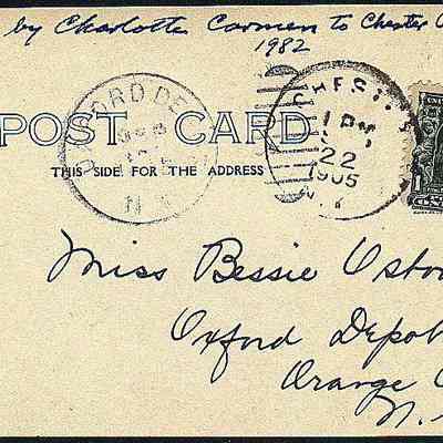 Address side of the "Howland House Chester, N. Y." postcard.: The image depicts an old postcard from 1905, which was donated by Charlotte Carmen to Chester Public Library in 1982. The front side of the postcard, meant for the address, shows a canceled one-cent green Benjamin Franklin stamp and postmarks from Chester and Oxford Depot, both dated August 22, 1905. It is addressed to Miss Bessie Ostom in Oxford Depot, Orange County, New York.