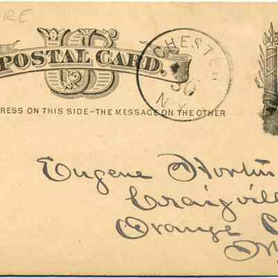 Address side of the "Stephen Dubois post card to Eugene Hunter" postcard.: The image shows an old postal card with elegant handwriting addressed to Eugene Morin, located in Craigville, Orange County, New York. It bears a one-cent U.S. postage stamp featuring a profile of a woman's head within an ornate frame with flags. The postmark indicates it was sent from Chester, New York, with a faint date mark. The phrase "WRITE THE ADDRESS ON THIS SIDE—THE MESSAGE ON THE OTHER" is printed on the card.