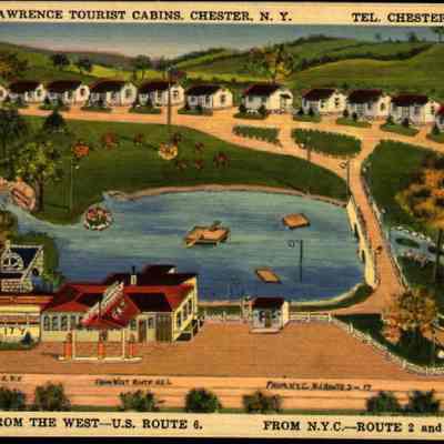 Lawrence Tourist Cabins, Chester, N. Y.: This illustrated postcard depicts Lawrence Tourist Cabins in Chester, New York, featuring a picturesque layout of small white cabins arranged symmetrically along curved pathways. A serene lake is central, occupied by boats, and bordered by walkways, while vibrant trees and landscaping enhance the scenic view. The foreground shows Lawrence City, a gas station-diner, and detailed, colorful signage indicating routes from New York City and the U.S Route 6, and NYS Routes 2 &17. This charming illustration captures a quaint, recreational spot, likely popular among tourists seeking a peaceful getaway.