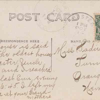 Address side of the "The old Yelverton Inn" postcard.: The image shows the back of a vintage postcard postmarked October 1907, featuring cursive handwriting and a green one-cent stamp. The message mentions a visit to the oldest house in Chester, a forgotten umbrella, and it's addressed to Miss Sadie Smith in Turner, New York.