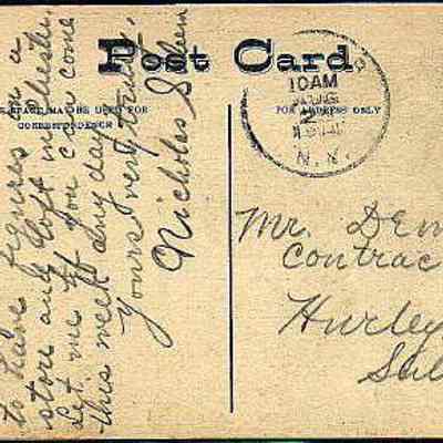 Address side of the "Grange Store, Chester, N. Y." postcard: The image features an old postcard with a handwritten message covering most of its surface. The card has a postmark stamped in the upper right corner, indicating it was mailed at 10 AM on August 25, 1914. The card is addressed to "Mr. Demerest, Contractor, Hurleyville, Sullivan Co., N.Y." The handwriting is cursive and there is a vertical line separating the message from the address.