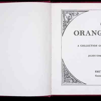 The image depicts an open book titled "OLD ORANGE COUNTY", a collection of drawings and engravings edited by Julien Cornell and Carolyn C. Arno, published by Smith Clove Press in Central Valley, New York, 10917. The visible page features ornate decorations around the text, enhancing the elegant presentation of the book's cover.