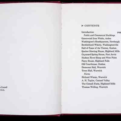 The image shows an open book with a clean, white left page that features the copyright information, listed as "Copyright 1977 by Julien Cornell, Manufactured in the U.S.A." On the right page, a detailed table of contents is presented underlined with "CONTENTS" at the top. The contents are categorized under headers like "Public and Commercial Buildings," "Residences," and "Farms," followed by specific topics such as "Greenwood Iron Works, Arden," "Washington’s Headquarters, Newburgh," and "William Bull, Hamptonburgh" among others, with corresponding page numbers alongside each entry, ranging from page 7 to 72, suggesting a focus on historical or significant locations in a specific geographic area. The layout is clean and simple, offering easy navigation through the book’s subjects.