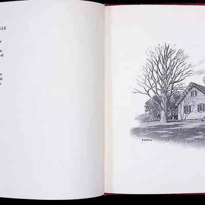 The image depicts a drawing of the Old Quaker Meeting House at Highland Mills, New York, as illustrated by Peter Rahill. This historical building, known as the "Smith Clove Meeting House," built in 1803, is set amidst a serene landscape, characterized by prominent leafless trees and a slight elevation in the background. The artwork captures the building in a side perspective, highlighting its traditional architectural features, including the gabled roof and numerous windows. The atmosphere rendered by the shading and detail of the bare trees enhances the quiet and historic significance of this site, listed in the National Register of Historic Places.