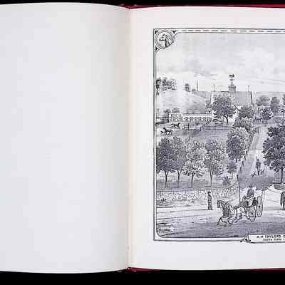 The image is an open book displaying a detailed illustration of the Taylor Stock Farm in Central Valley, as noted in the caption "A.H. Taylor's Central Valley Stock Farm - Orange Co., N.Y." On the left page, text describes the location's historical context, mentioning that the farm road is now called Albany Turnpike and Rose Lawn Road. The illustration on the right page features an expansive view of the farm with buildings, fenced areas, and several figures engaging in various activities. There are people walking, a carriage driven by horses, and several horses scattered across the scene, which is framed by trees and backed by rolling hills. A detailed, picturesque snapshot of 19th-century farm life, now repurposed into private residences.