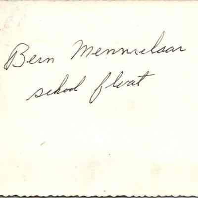 Bern Mennrelaar School Float: The image shows a handwritten note on the back of the School House-Church Float picture,
 "Bern Memmelaar School Float".