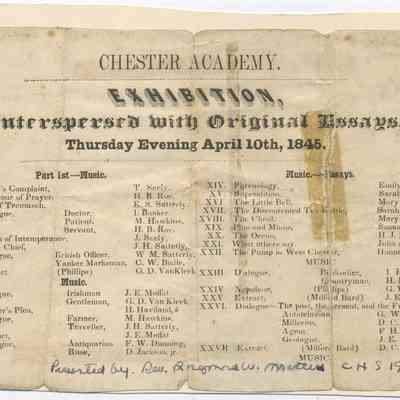 Chester Academy Exhibition, April 10, 1845: The image is a historical document announcing an exhibition at Chester Academy on Thursday evening, April 10th, 1845, featuring music and original essays. It lists a program divided into parts, with sections labeled "Music" and "Music---Essays." Various performances and dialogues are included, such as "Negro's Complaint," and "Effects of Intemperance," with names of participants alongside. There are references to music and essays like "Phrenology," "Superstition," etc.