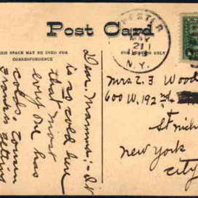Address side of the "View from Homestead Drive, South Chester, NY" postcard.: This image depicts an antique postcard with a green one-cent U.S. postage stamp in the upper right corner, postmarked in Chester, New York. The postcard's faded sepia tone suggests age, and it's addressed to Mrs. Z. 3. Wood at 600 W. 192nd Street & St. Nicholas Avenue, New York City. The left side contains a handwritten message, slightly slanted, saying, "Dear Mamma, We are all well, but it is very cold here and most everyone has colds…"