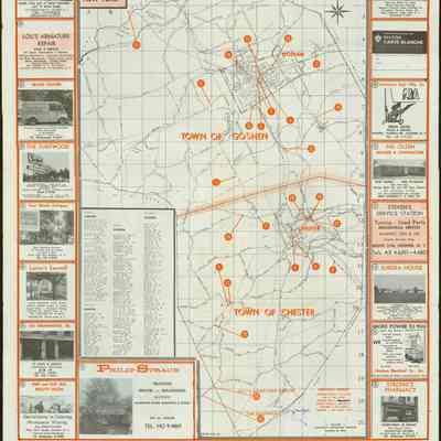 Your Community Shopper's Guide & Map of Towns of Goshen, Chester & Warwick recto: The image shows a detailed map of Goshen and Chester towns with numbered locations and business advertisements.