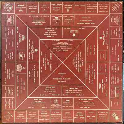 Chester Grange Card Table top: The image shows a vintage promotional card tabletop filled with various advertisements for local businesses.