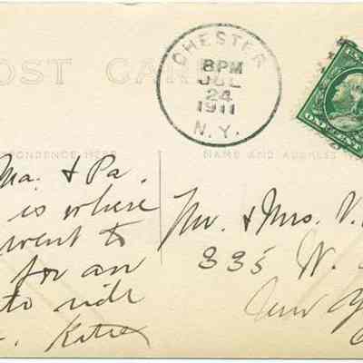 Address side of the "The Lowland Pasture, Chester, N. Y." postcard.: The image shows the back of an old postcard addressed to Mr. and Mrs. V. Arnette, located at 335 W. 39 St., New York City, featuring a green one-cent U.S. postage stamp in the upper right corner and a postmark from Chester, N.Y., dated July 24, 1911. It includes a handwritten message which reads: "Dear Ma & Pa, This is where we went to day for an auto ride. Love, Katie.”