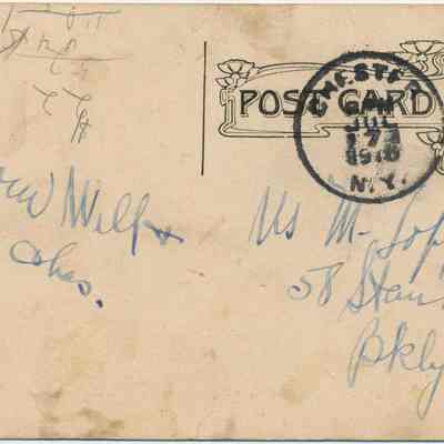 Address side of the "St. Paul's Episcopal Church, Chester, N.Y." postcard.: The image shows a vintage postcard with faded handwriting, addressed to someone in Brooklyn, New York. It is stamped with a postmark dated July 17, 1916, and features a green one-cent U.S. postage stamp. The back of the card displays artistic floral details around the stamp area, and the address includes "58 Stanhope St Brooklyn, NY." There are light pencil markings and personalized notes, signed with "From Will + Chas," adding a touch of history and nostalgia.