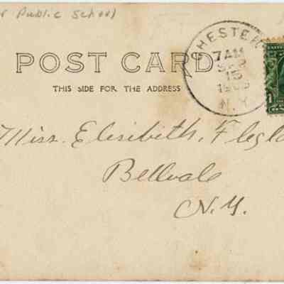Address side of the "Proposed Chester Public School" postcard.: The image shows an old postcard from Chester Public School, featuring a green one-cent stamp with George Washington. It's addressed to Miss Elizabeth Fleglor in Bellvale, N.Y., and postmarked from Chester on Sep 15 at 7 PM in the year 1906.