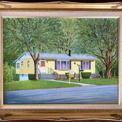 Leslie Greenwood House at 7 Hom Street: This image depicts a framed painting of Leslie Greenwood's charming yellow ranchhouse with a gray roof, nestled among lush green trees, with a neatly manicured lawn and colorful shrubs lining the walkway leading to the front door. The house features a small stairway with black railings and a vibrant orange door, flanked by large windows adorned with curtains. A white mailbox stands on a post near the street, accompanied by a black lamp post identifying the address as '7 Hom Street'. The painting, beautifully rendered in realistic detail, is surrounded by an ornate gold frame.