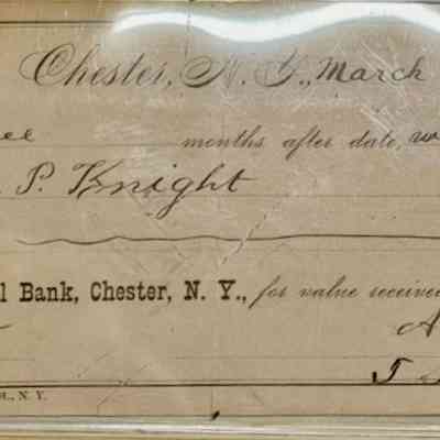 Knight Side A: The image shows a vintage promissory note dated March 22, 1893, from Chester, N.Y. valued at $18.80. The note promises payment to the order of F. P. Knight, exactly three months after the specified date. Written on stationery from H. N. Skinner, 31 Greenwich St., N.Y., it is payable at Chester National Bank, Chester, N.Y., as indicated at the bottom. The sum, "Eighteen 80/100 Dollars," and additional text are inscribed in neat handwriting, particularly emphasizing the location and amount. The note is signed by A. [?] and T. S. Garrison, signaling their agreement or obligation to pay the mentioned amount. The paper shows evidence of aging, with creases and faded ink, adding to its historical character.