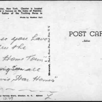 Address side of the "Main Street, Chester, New York" postcard: The image shows the back of a postcard addressed to Annie, from "L" reminding her of "Old Home Town."