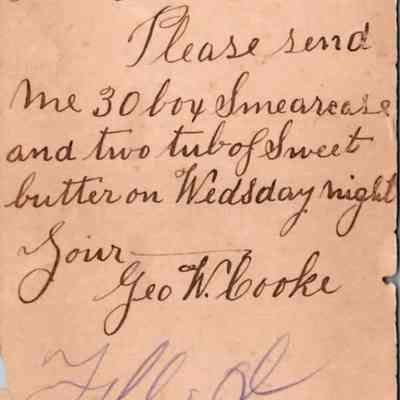 C.H. Green Order postcard 188?-06-20 Geo. W. Cooke recto: 188?-06-20 Geo. W. Cooke order details for Smearease cheese & butter.