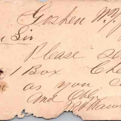 C.H. Green Order postcard 188?-07-16 J. R. Hawkins recto: 188?-07-16 J. R. Hawkins order details for cheese.