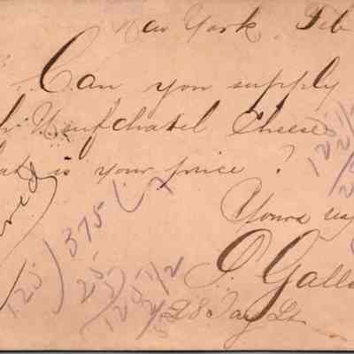 C.H. Green Order postcard 1882-02-17 S. Galle & C. recto: C.H. Green Order postcard 1882-02-17 S. Galle & C. for Neufchatel cheese.