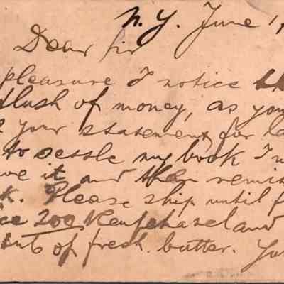 C.H. Green Order postcard 1882-06-17 G. & C. Weissmuller: C.H. Green Order postcard 1882-06-17 G. & C. Weissmuller for Neufchatel cheese & butter.