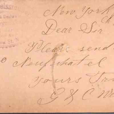 C.H. Green Order postcard 1882-06-23 G. & C. Weissmuller recto: C.H. Green Order postcard 1882-06-23 G. & C. Weissmuller for Neufchatel cheese.