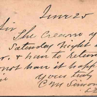 C.H. Green Order postcard 1882-06-26 C. M. Simonson recto: C.H. Green Order postcard 1882-06-26 C. M. Simonson return sour cream.