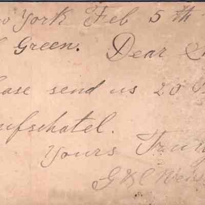 C.H. Green Order postcard 1883-02-05 G. & C. Weissmuller recto: C.H. Green Order postcard 1883-02-05 G. & C. Weissmuller for Neufchatel cheese.