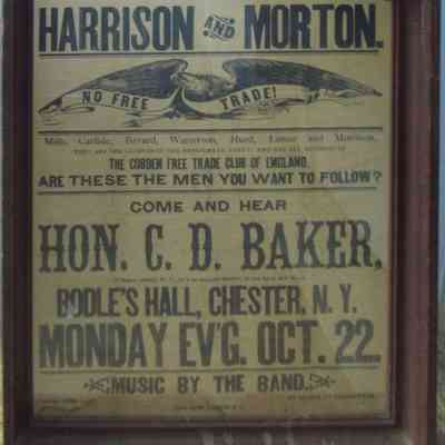 Harrison and Morton poster.: The image shows an old framed advertisement promoting a speech by Hon. C. D. Baker.
