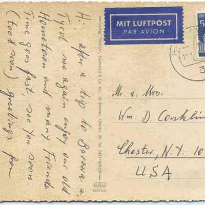 Hannover" post card to Chester Lumber: This image shows an old, yellowed postcard with handwritten cursive script on the left side and postal elements on the right. It features a "Mit Luftpost - Par Avion" label and a Deutsche Bundespost postage stamp depicting the Brandenburg Gate, marked with a postal cancellation. The recipient's address, "Mr. & Mrs. Wm. D. Conklin, Chester, N.Y. 10918 USA," is printed neatly in the address section.