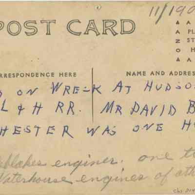 Address side of the "Head on train wreck at Hudson Junction" posctcard.: This image shows a vintage postcard depicting a handwritten message regarding a train accident that occurred at Hudson Junction on the L&HR Railroad, where Mr. David Bell of Chester was the only one hurt. The postcard, dated 11/1905, features designated sections for correspondence and the recipient's address, emphasizing its early 20th-century origin.