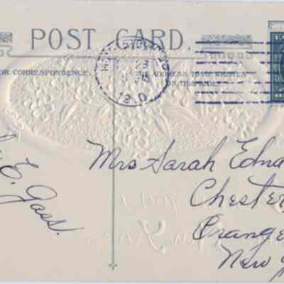 Address side of the "To Wish You A Happy New Year" greeting postcard.: This image shows an old postcard addressed to Mrs. Sarah Edna Hawkins in Chester, Orange County, New York, featuring a one-cent U.S. postage stamp and a postmark dated April 23, 1905. The card has an embossed floral design and the words "POST CARD" at the top. There are handwritten names at the bottom left and right.