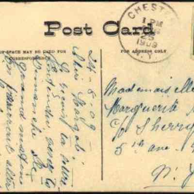 The address side of the Homestead Drive South Chester, New York postcard: The image depicts an old postcard dated August 24, 1909, featuring a green one-cent Benjamin Franklin stamp and a postmark. The card is densely covered with handwritten cursive script in blue ink. The message, written in French on the left side, is designated for correspondence, while the right side, specified for the address only, contains Mademoiselle Marguerite Blondell's name and address in New York City.