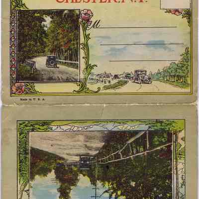 Souvenir Post Card Folder of Chester, N.Y.: The image shows a vintage souvenir folder from Chester, N.Y., featuring three colored generic illustrations od serene tree-lined road scenes with an old-fashioned car, designed in an early 20th-century style, with decorative floral borders and space for a postage stamp.