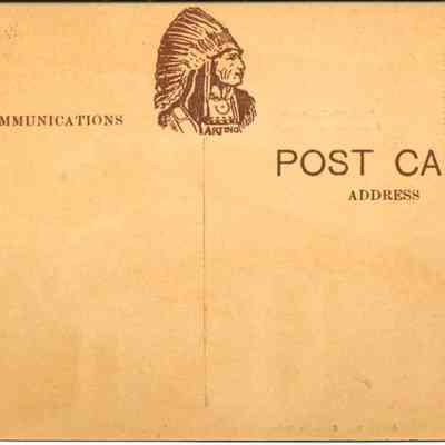 Address side of the "Presbyterian Church, Chester, N. Y." postcard.: The image depicts a vintage postcard with a light tan background and a simple layout. On the upper left side, there is an Artino postcard company logo of a Native American in a traditional headdress, along with the word "Artino" beneath. The postcard is divided into two sections: the left side for "COMMUNICATIONS" and the right side for the "ADDRESS." Instructions for postage are printed in the top right corner, indicating "1¢. for United States and Canada" and "2¢. for abroad.