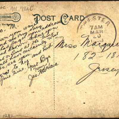 Address side of the "High Street, Chester, N. Y." postcard: This image displays a vintage postcard featuring a handwritten message addressed to Miss Margaret Curtis of Jersey City, New Jersey. The card is stamped with a one-cent Benjamin Franklin stamp and postmarked March 20, 1905, in Chester, NY. The message mentions the sender was delighted with a visit, although brief, and anticipates meeting again the following year. The postcard itself is printed on Litho-Chrome, indicating it was manufactured in Germany.