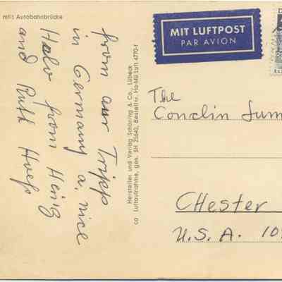 Address side of the "Warratal post card to Chester Lumber": The image shows the back of a vintage postcard with handwritten notes and postal markings, addressed to The Conclin[sic] Lumber Co. in Chester, NY, USA, featuring a German Deutsche Bundespost postage stamp and an airmail ('MIT LUFTPOST') label.