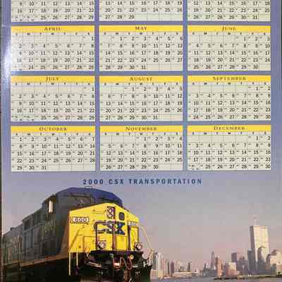 2000 CSX Transportation calendar - Reverse: An expanded network full of promise and opportunity is highlighted by this CSX Transportation train moving along the Hudson River, the magnificent New York skyline in the background.