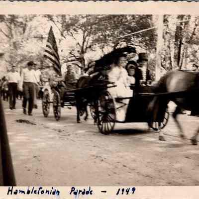 Hambletonian Parade - 1949: The photograph captures horse-drawn carriages.  The first carriage has the Vance children in it. John Vance in the second carriage.