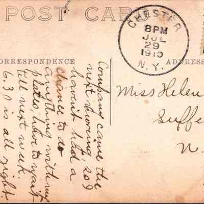“The Brook in the Meadow Chester, N.Y.” Back chs-019950-3: The image depicts the back of a vintage postcard, postmarked July 29, 1910, from New York. A green one-cent stamp featuring Benjamin Franklin is affixed near the postmark. The card is addressed to "Miss Helen Gurnel" in Suffern, New York. There is handwritten correspondence on the left side of the postcard, which includes cursive script that is partially legible, discussing travel and plans. The typical division between correspondence and address is evident, with the words "POST CARD" at the top, and the headers "CORRESPONDENCE" and "ADDRESS" guiding the layout of the handwritten text.