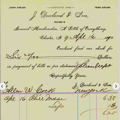 1890 Billhead Chester New York J Durland & Son Merchandise
