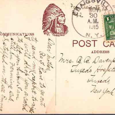 “Chester, N.Y. Academy Ave” Back: The image depicts an old postcard featuring handwritten cursive script largely filling its left side, with a diagonal orientation emphasizing a personal message, possibly recounting day-to-day activities or feelings. The right side clearly designates the postcard's function, stamped with a green one-cent stamp that depicts George Washington, a prevalent figure for U.S. postage at the time, postmarked from Granville, NY, dated January 30, 1915. The postcard bears the address of "Mrs. B.B. Davenport" at "Tuxedo Hospital," in Tuxedo, New York, underlined by the printed designation "POST CARD" and a red graphic of an indigenous figure, suggesting a thematic or decorative element prevalent during the era of print. The visible aging and staining, coupled with the rich sepia tone, enhance its historical allure and evoke a sense of the early 20th-century correspondence culture.