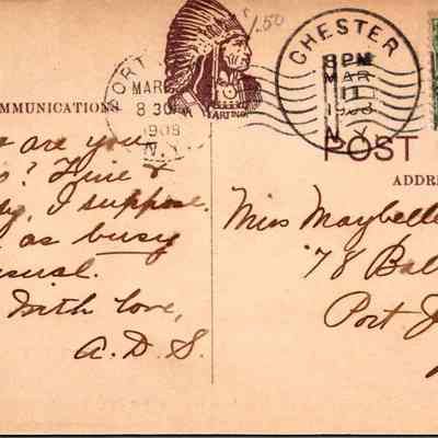 “Chester, N.Y. Maple Ave” Back: The image features an old postcard dated March 11, 1908, sent from Chester, New York. The left side of the postcard displays handwritten text that reads, "How are you? Kids? Fine and dandy, I suppose.  I am as busy as usual. With love, A.D.S." In the middle, the postcard is stamped with a circular cancellation mark that overlaps a one-cent stamp displaying the profile of Benjamin Franklin. The right side of the postcard has the recipient's handwritten address, "Miss Maybelle Gaudy, 78 Ball St., Port Jervis, N.Y." Overall, the postcard exhibits a vintage aesthetic and provides a glimpse into early 20th-century American communication.