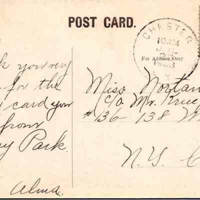 “Academy Avenue and Road reading to Goshen, Chester, N.Y.” Back: The image is of a vintage postcard that has been hand-colored and published by V.P. Christahel, Celeste, N.Y., and printed in Germany by E.L. Dresen in Leipzig and Berlin. The postcard, addressed to Miss Nortan C. O. Mr. Krueger at #136-138 W. 22 St. in N.Y. City, is stamped with a green 1-cent Benjamin Franklin U.S. postage stamp. It is postmarked Chester, Iowa, dated July 10, 1903. The handwritten message on the postcard reads, "Thank you very much for the pretty card you sent from Asbury Park. Alma." The elegant script contributes to the charm and historical feel of the postcard.