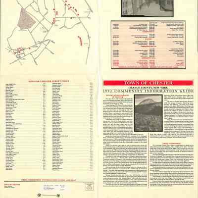 Town of Chester, Orange County, New York 1992 Map & Community Information Guide, side 2: This reverse side of the detailed 1992 community information guide and map for the Town of Chester, Orange County, New York, featuring various sections: a street index, historical and geographical insights, local governance information, and photographs of the town. The map section includes a street guide with marked points, and there are some photographs showcasing different views of the area. The document is detailed with text and images arranged in an organized format, providing a comprehensive overview of Chester’s community resources, historical context, and administrative