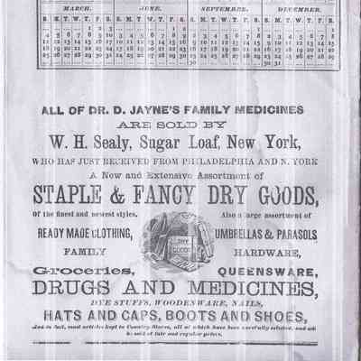 Dr. Jayne's Medical Almanac and Guide to Health - W. H. Sealy, Sugar Loaf ad: The image shows a calendar from the year 1883, featuring a layout of months from January to December with each month’s days carefully arranged in a grid format. Below the calendar, there is an old advertisement promoting Dr. D. Jayne’s Family Medicines, sold by W. H. Sealy in Sugar Loaf, New York. The ad highlights a variety of products including staple and fancy dry goods, ready-made clothing, groceries, drugs, medicines, hats, caps, boots, shoes